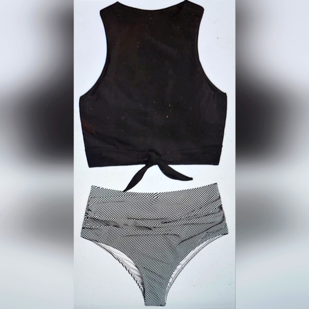 NWOT KNOTTED CROP TOP WITH PADDED BRA ATTACHED HIGH WAISTED RUCHED BIKINI SWIM